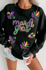 Black Sequin mardi gras Fleur de Lis Graphic Pullover Sweatshirt Graphic Sweatshirts JT's Designer Fashion