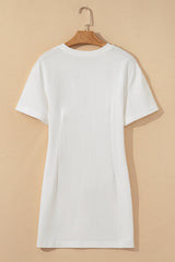 White Drop Shoulder Crew Neck Shift T Shirt Dress T Shirt Dresses JT's Designer Fashion