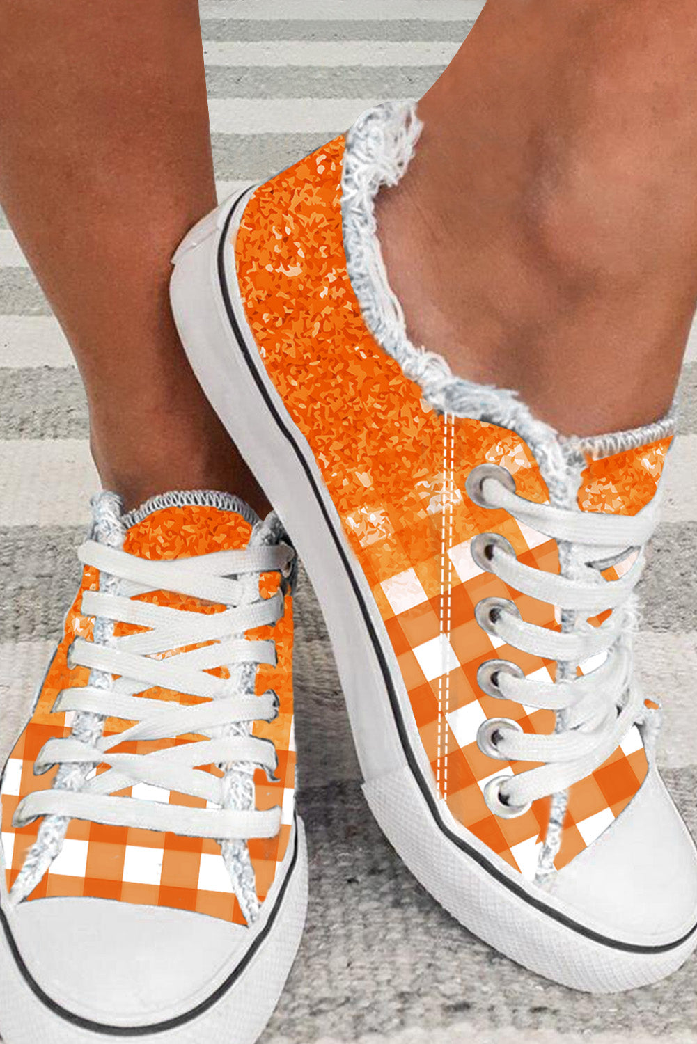 Orange Checkered Flat Canvas Shoes Orange 52%nylon+24%acrylic+24%polyester Women's Shoes JT's Designer Fashion