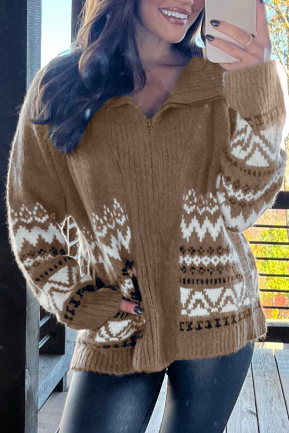 Brown Western Printed Ribbed Trim Collared Zip up Cardigan Brown 42%Acrylic+30%Polyester+28%Polyamide Cardigans JT's Designer Fashion