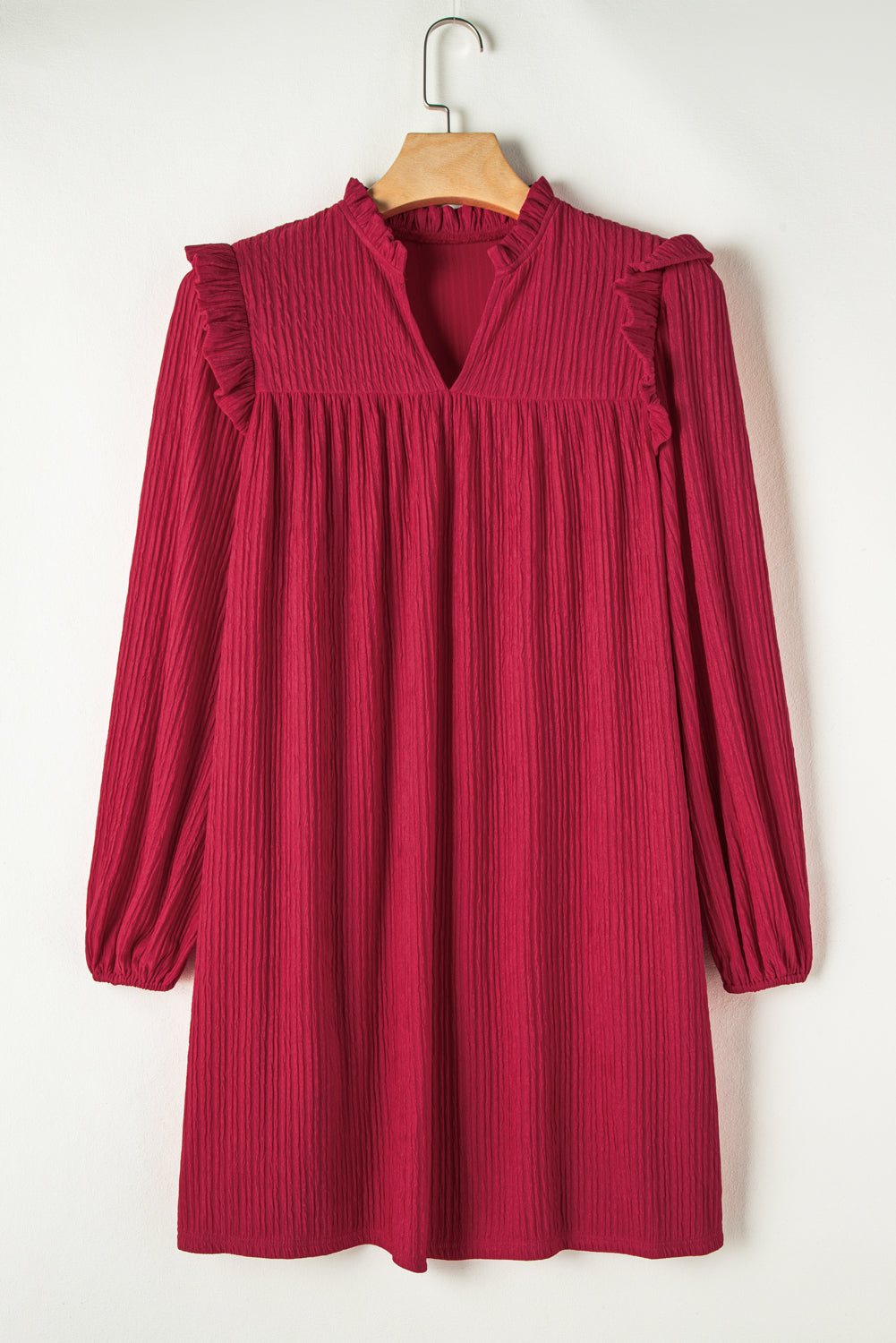 Fiery Red Textured Ruffled Trim V Neck Loose Fit Mini Dress Mini Dresses JT's Designer Fashion