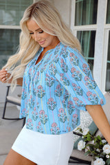 Sky Blue Floral Striped Print Shirred Yoke Split Neck Blouse Blouses & Shirts JT's Designer Fashion