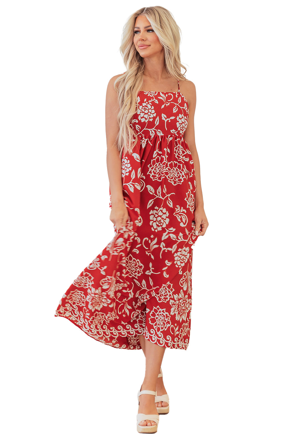 Red Floral Printed Spaghetti Strap Empire Waist Maxi Dress Floral Dresses JT's Designer Fashion