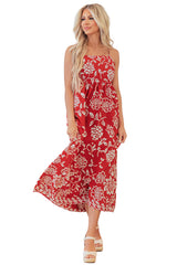 Red Floral Printed Spaghetti Strap Empire Waist Maxi Dress Floral Dresses JT's Designer Fashion
