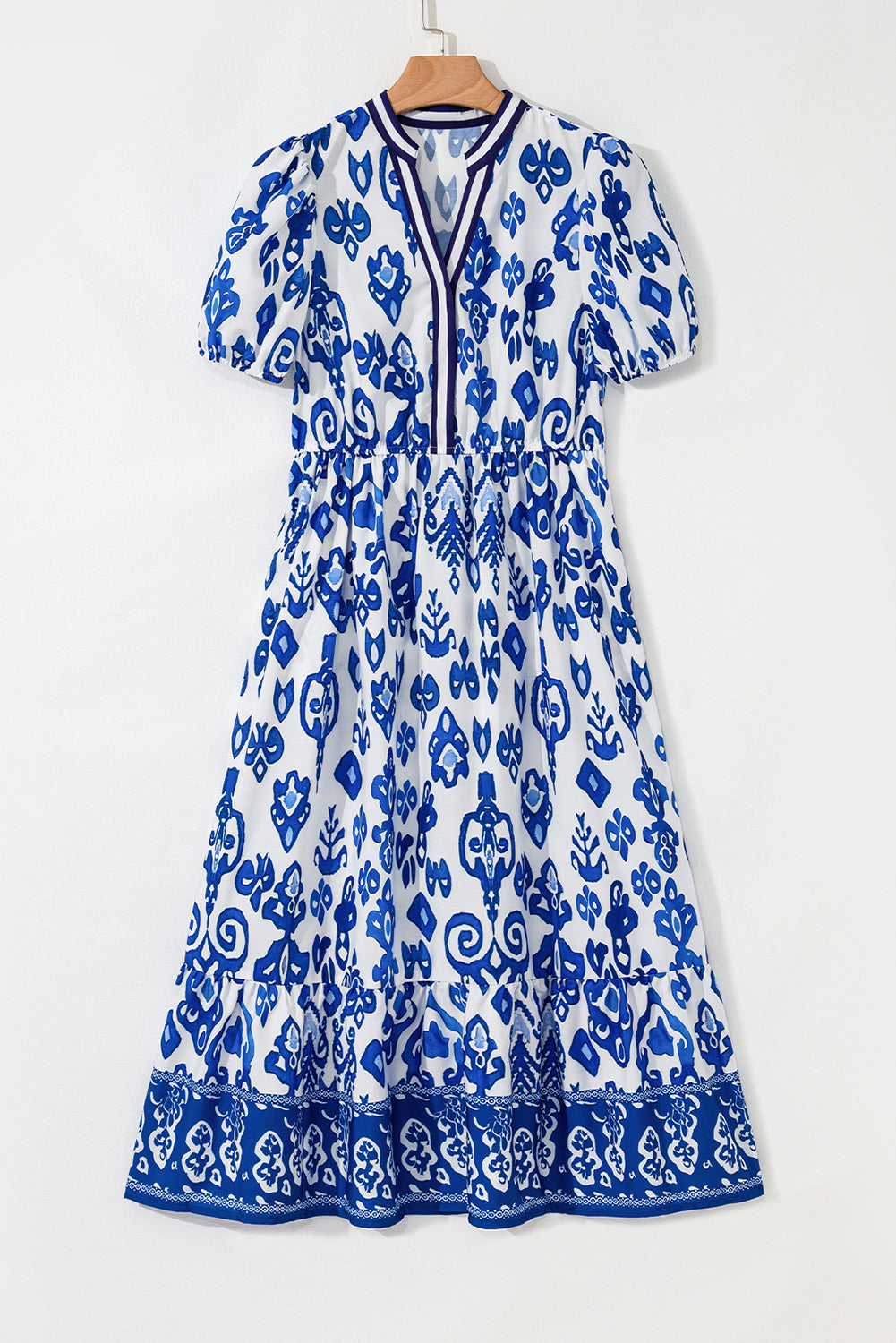Blue Floral Puff Short Sleeve V Neck High Waist Maxi Dress Floral Dresses JT's Designer Fashion