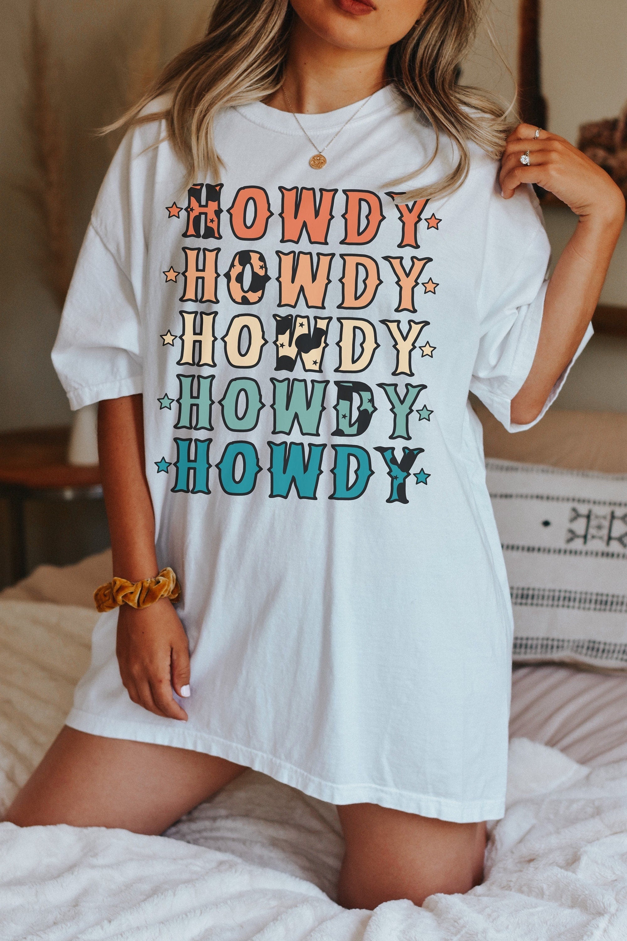 White HOWDY Stars Print Crew Neck Loose Fit T Shirt Graphic Tees JT's Designer Fashion