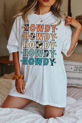 White HOWDY Stars Print Crew Neck Loose Fit T Shirt Graphic Tees JT's Designer Fashion