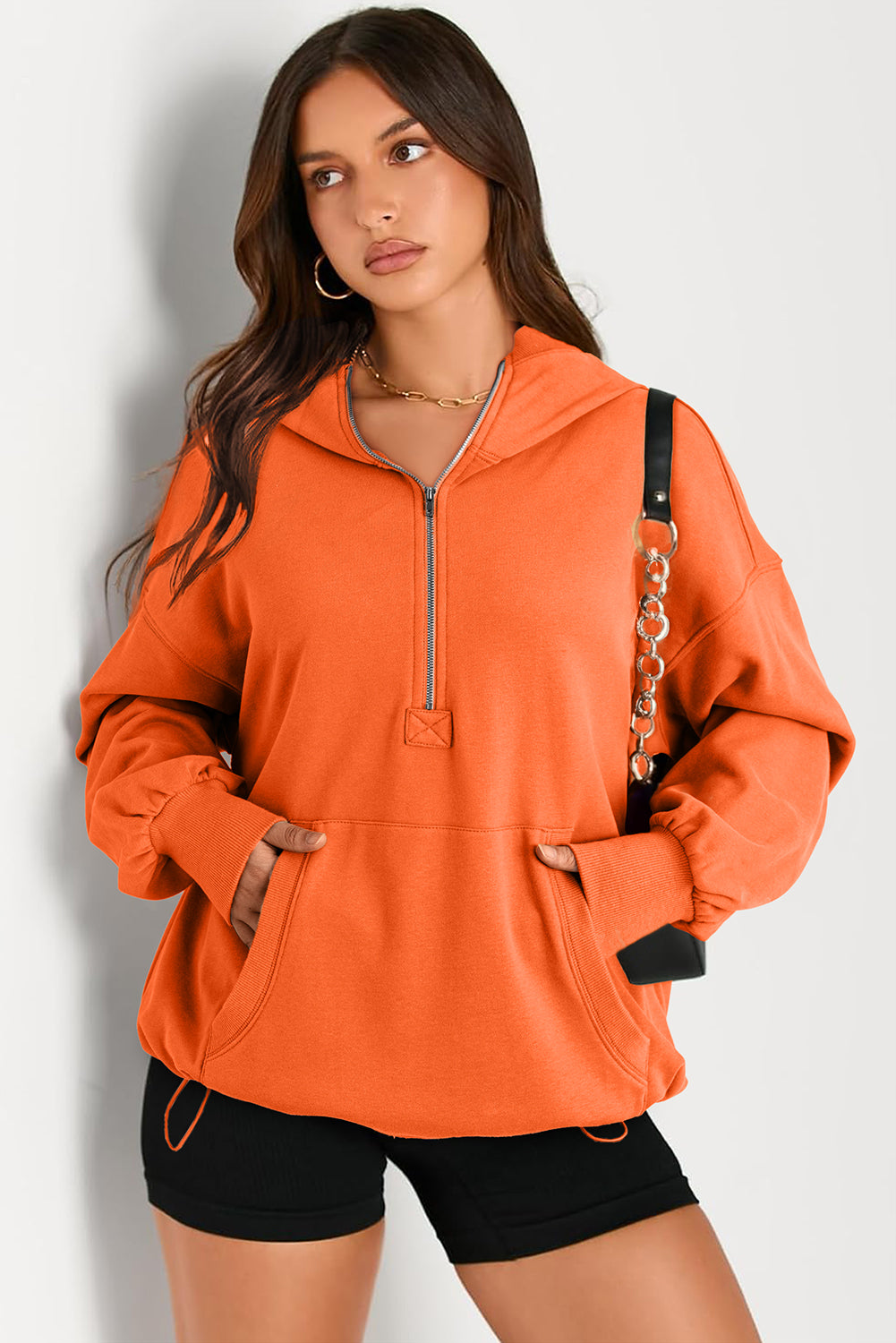 Orange Solid Kangaroo Pocket Half Zipper Oversized Hoodie Sweatshirts & Hoodies JT's Designer Fashion