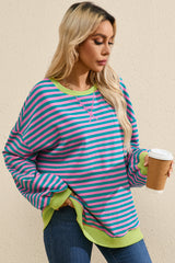 Green Stripe Oversized Contrast Trim Pullover Sweatshirt Sweatshirts & Hoodies JT's Designer Fashion