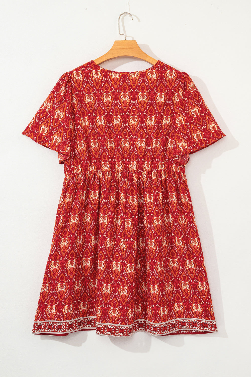 Orange Plus Size Printed Surplice Neck Empire Waist Flowy Mini Dress Plus Size Mini Dresses JT's Designer Fashion
