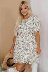 Beige Floral Puff Short Sleeve Empire Waist Mini Dress Floral Dresses JT's Designer Fashion