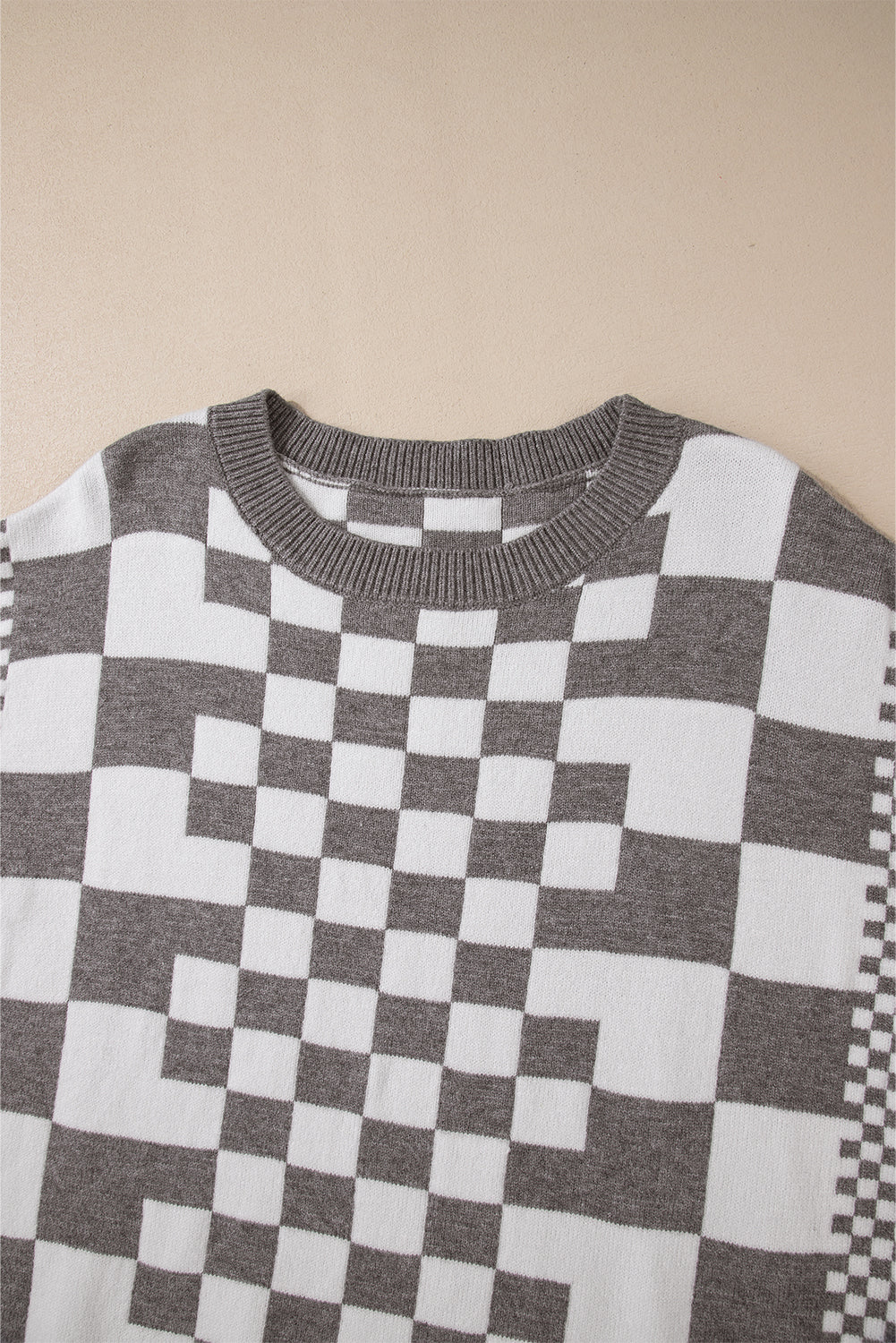 Gray Checkered Print Drop Shoulder Round Neck Sweater Sweaters JT's Designer Fashion