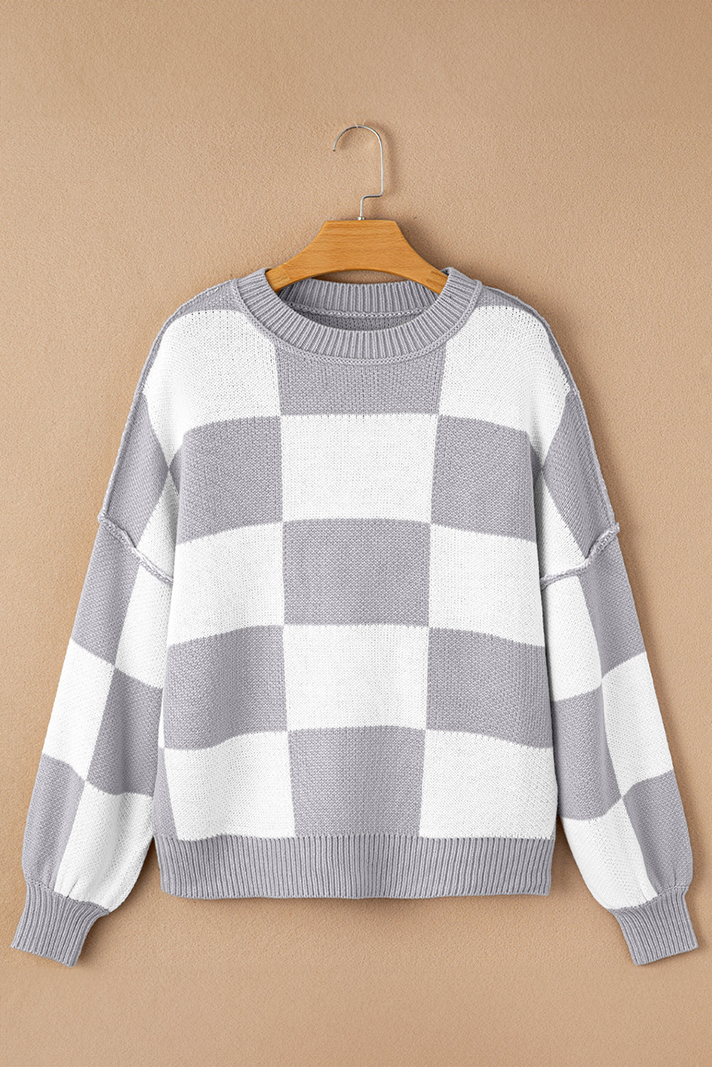 Gray Checkered Bishop Sleeve Sweater Sweaters JT's Designer Fashion