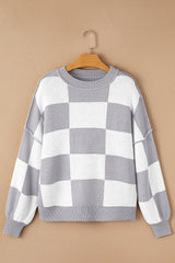 Gray Checkered Bishop Sleeve Sweater Sweaters JT's Designer Fashion