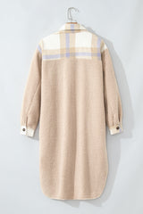 Smoke Gray Plaid Patchwork Collared Button-up Sherpa Long Coat Coats JT's Designer Fashion