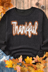 Black Thankful Printed Drop Shoulder Corded Thanksgiving Sweatshirt Graphic Sweatshirts JT's Designer Fashion