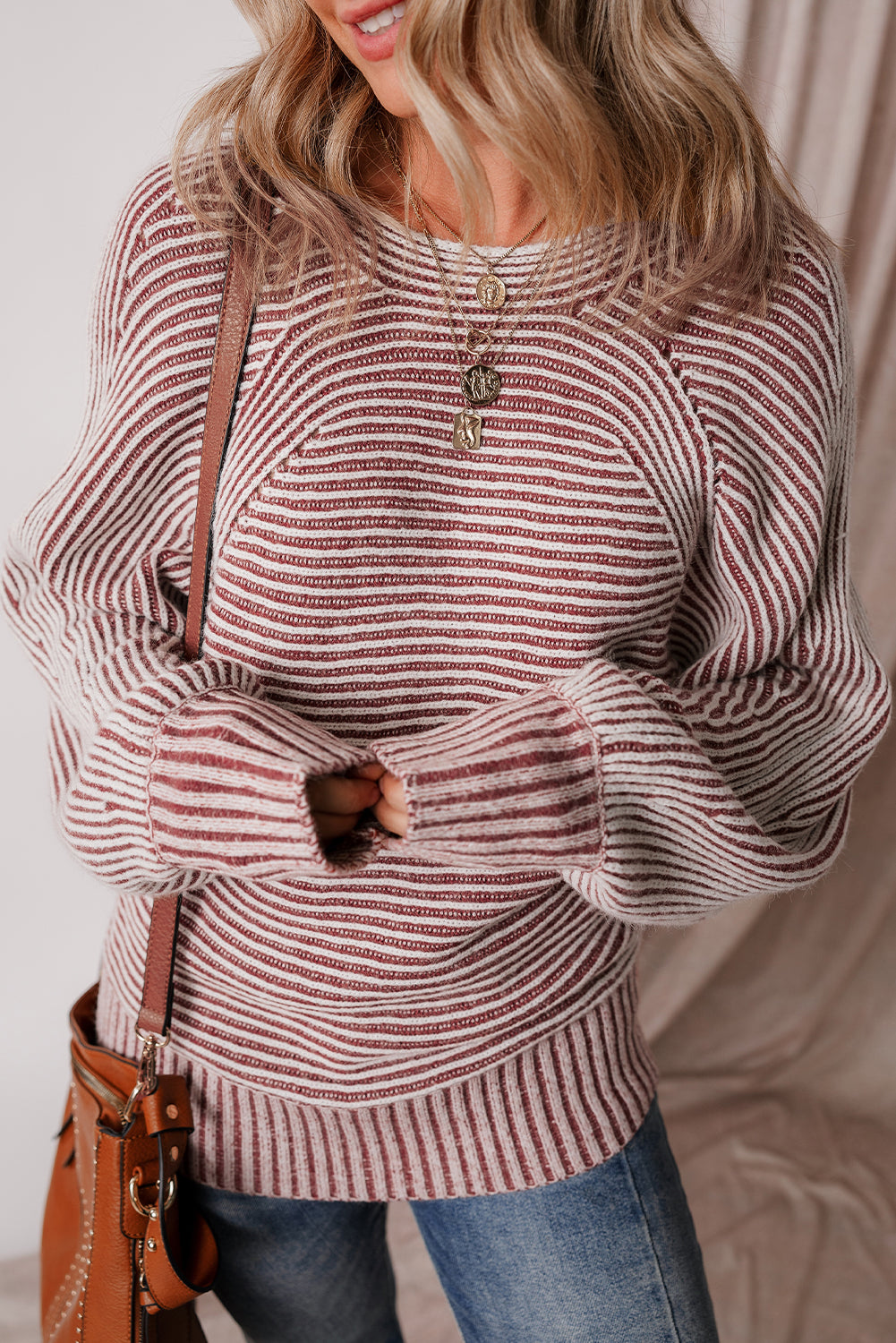 Red Dahlia Striped Print Ribbed Knit Boat Neck Baggy Sweater Sweaters JT's Designer Fashion