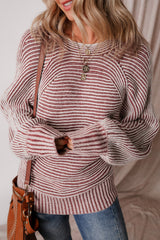 Red Dahlia Striped Print Ribbed Knit Boat Neck Baggy Sweater Sweaters JT's Designer Fashion