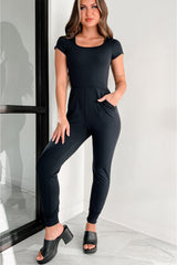 Black Short Sleeve Pocket Jogger Bottom Athleisure Jumpsuit Bottoms JT's Designer Fashion