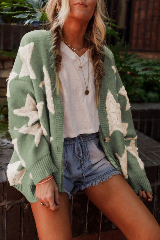 Green Sherpa Star Pattern Textured Sweater Cardigan with Pockets Green 42%Acrylic+30%Polyester+28%Polyamide Cardigans JT's Designer Fashion