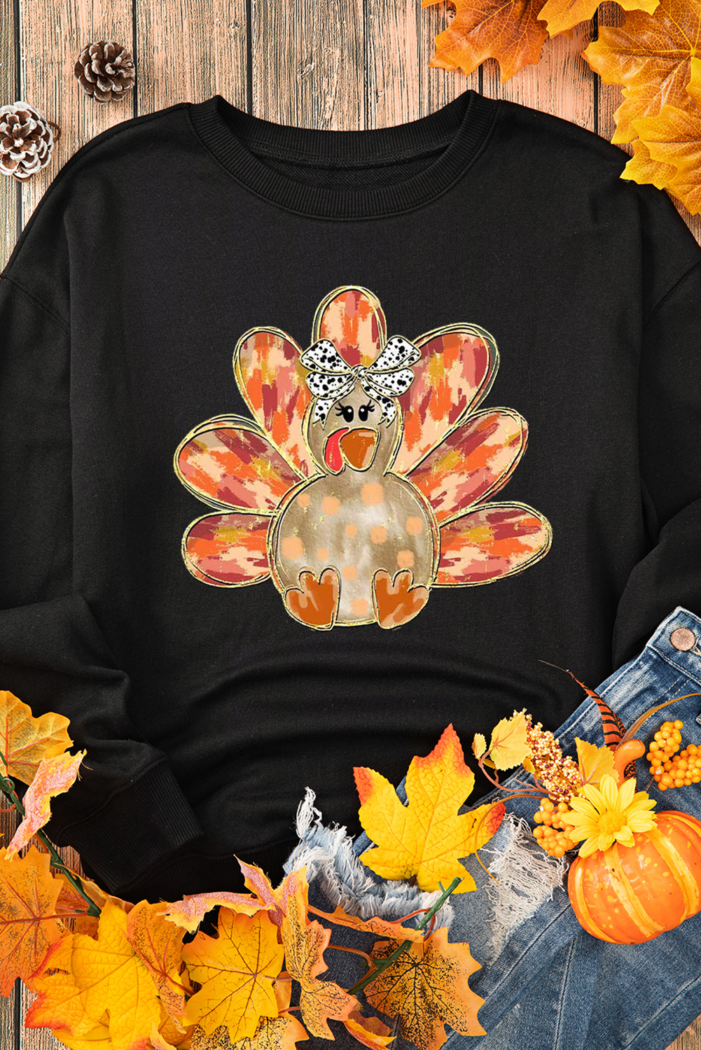 Black Thanksgiving Turkey Graphic Drop Shoulder Sweatshirt Graphic Sweatshirts JT's Designer Fashion