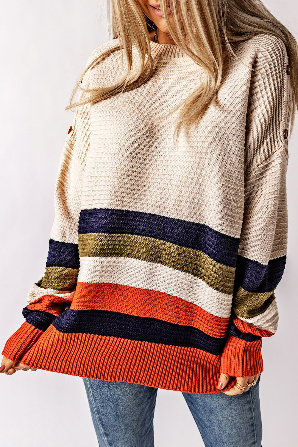 White Buttoned Shoulder Drop Shoulder Striped Sweater Sweaters & Cardigans JT's Designer Fashion