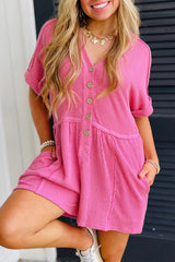Bright Pink Spiral Ribbed Short Sleeve V Neck Buttoned Romper with Pocket Jumpsuits & Rompers JT's Designer Fashion