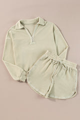 Parchment Textured Buttoned Long Sleeve Top 2 Piece Shorts Set Parchment 95%Polyester+5%Elastane Short Sets JT's Designer Fashion