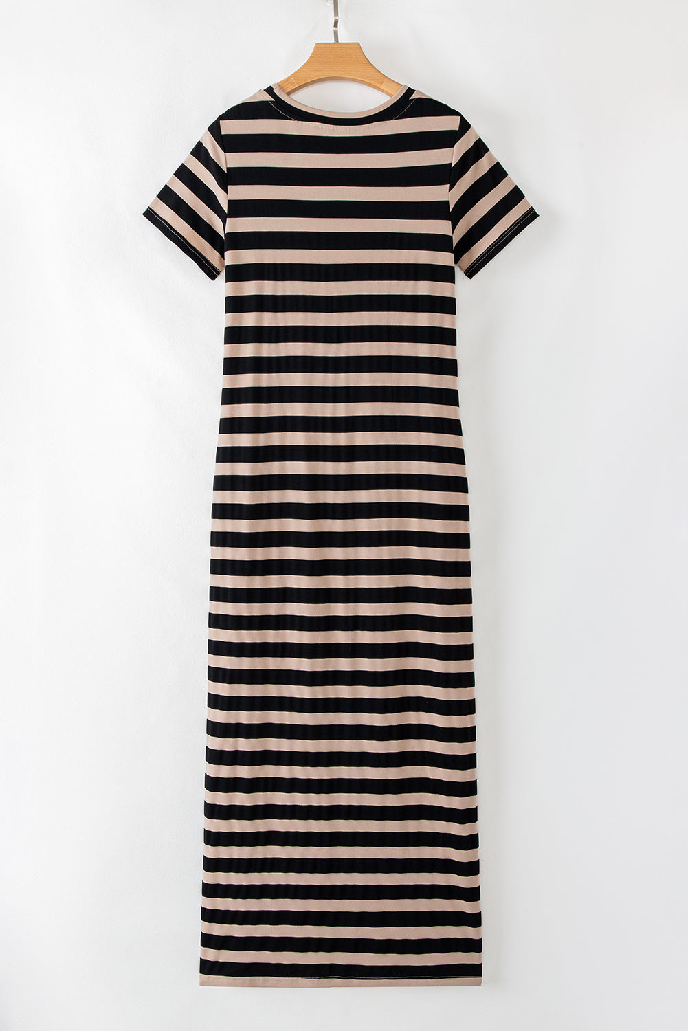 Black Stripe Casual Round Neck T-shirt Maxi Dress with Pockets T Shirt Dresses JT's Designer Fashion