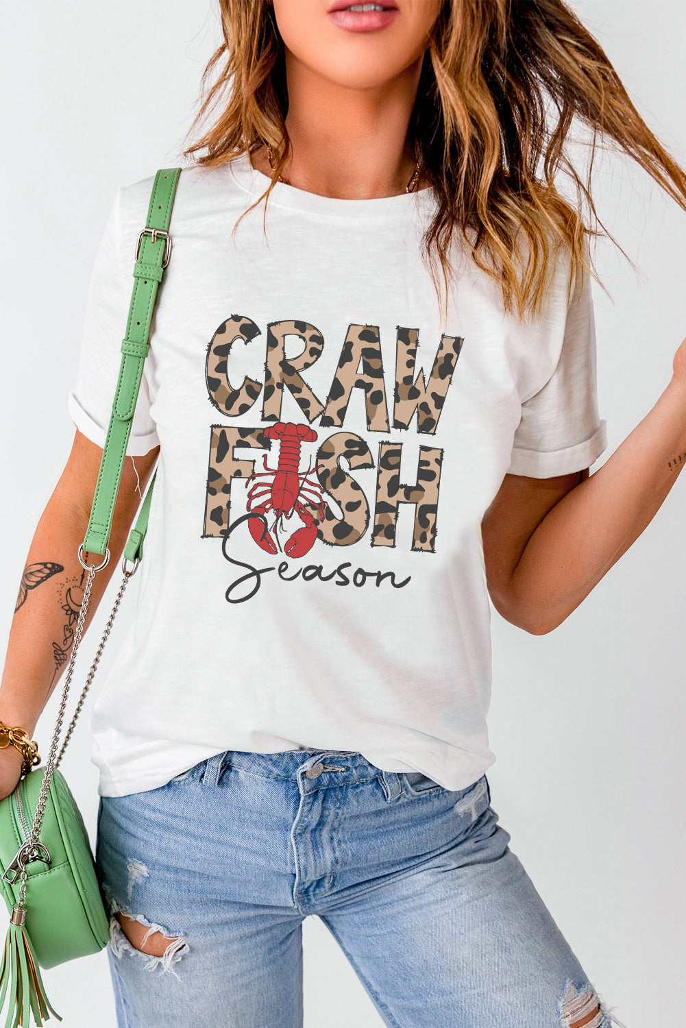 White Leopard CRAWFISH Season Lettering Casual Tee Graphic Tees JT's Designer Fashion