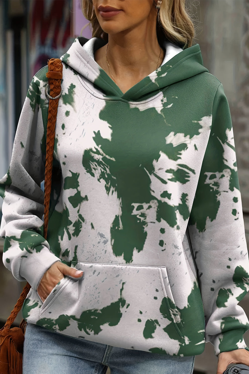 Green Tie Dye Print Kangaroo Pocket Loose Hoodie Sweatshirts & Hoodies JT's Designer Fashion