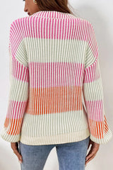 Pink Colorblock Textured Knit Bubble Sleeve Sweater Sweaters JT's Designer Fashion