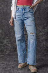 Light Blue High Rise Distressed Straight Leg Jeans Jeans JT's Designer Fashion