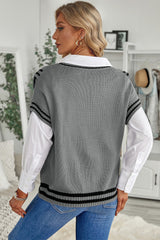 Gray V Neck Contrast Stripes Trims Short Sleeve Sweater Sweaters & Cardigans JT's Designer Fashion