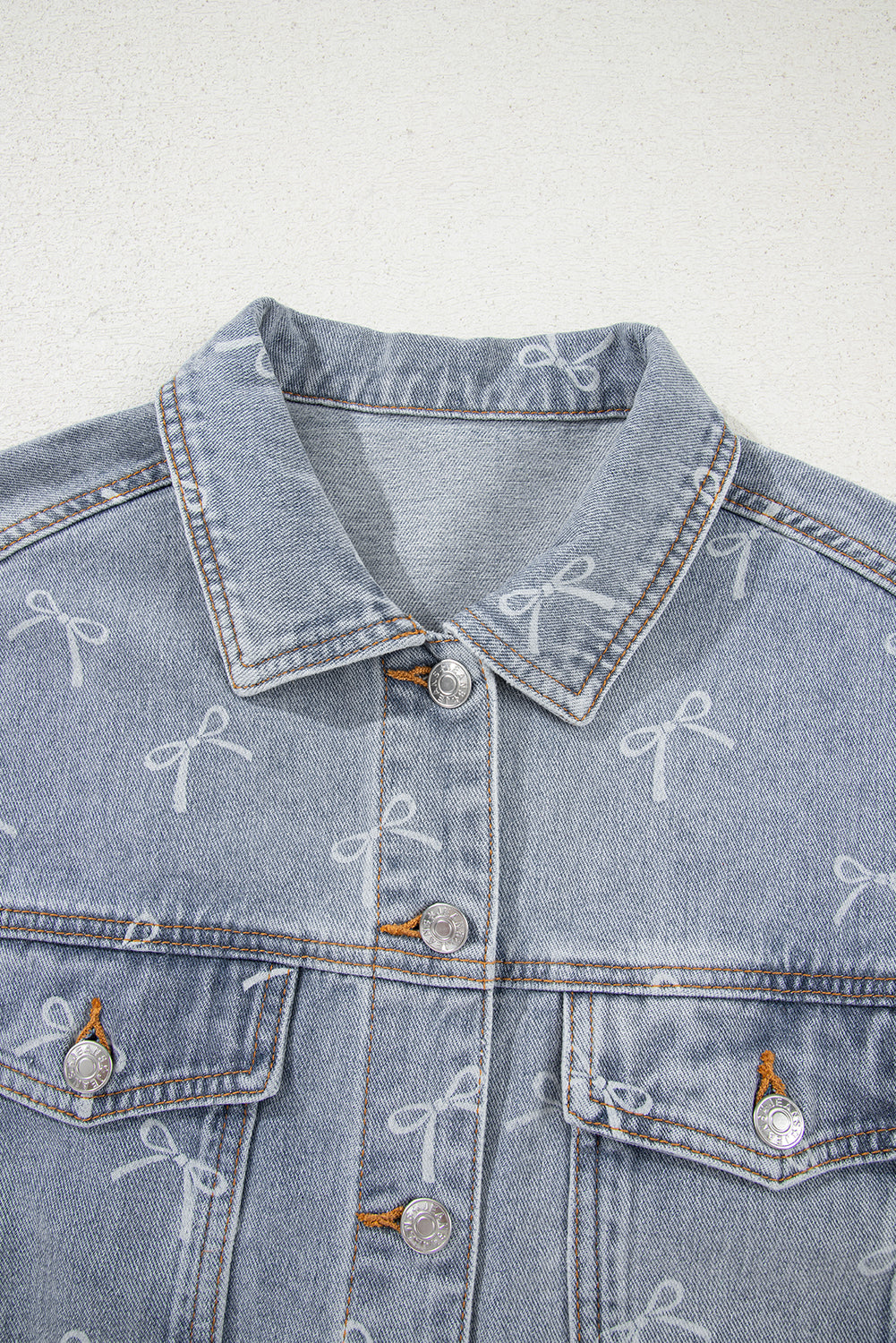Sky Blue Bow Knot Print Light Wash Raw Hem Denim Jacket Denim Jackets JT's Designer Fashion