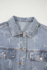 Sky Blue Bow Knot Print Light Wash Raw Hem Denim Jacket Denim Jackets JT's Designer Fashion