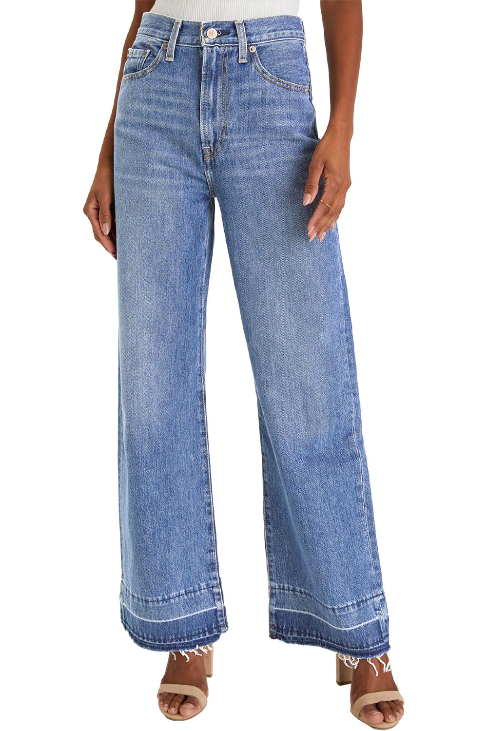 Dusk Blue Raw Hem Unique Cuffs Straight High Rise Loose Jeans Jeans JT's Designer Fashion