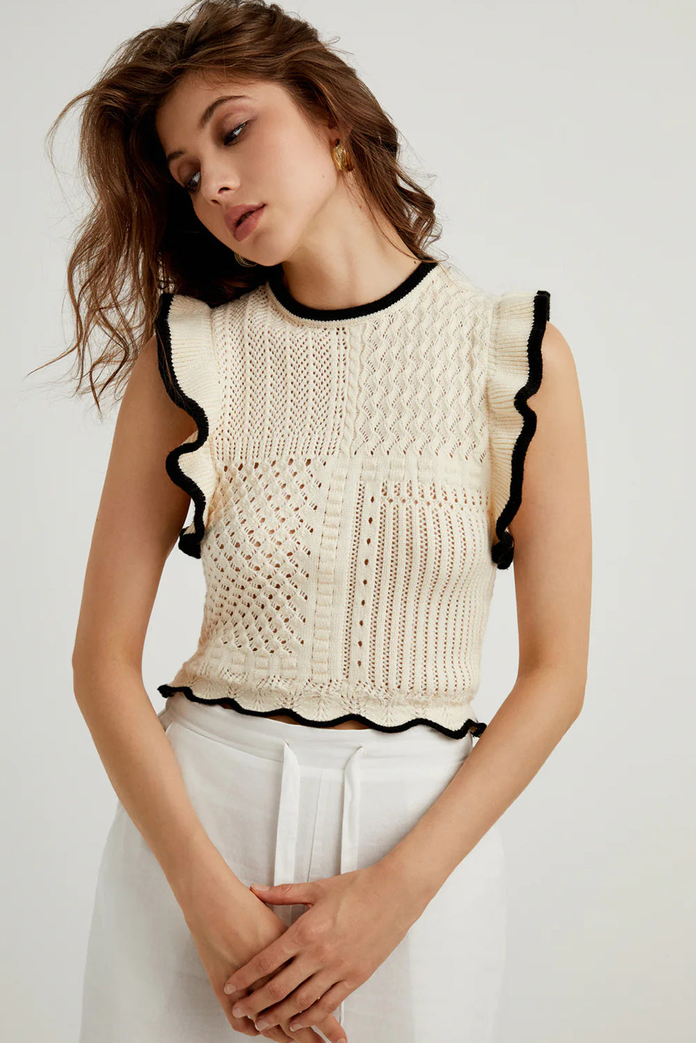 Apricot Crochet Eyelet Flounce Tank Top Sweaters & Cardigans JT's Designer Fashion