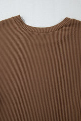 Chestnut Corded Knit Long Sleeve Top and High Waist Shorts Set Short Sets JT's Designer Fashion