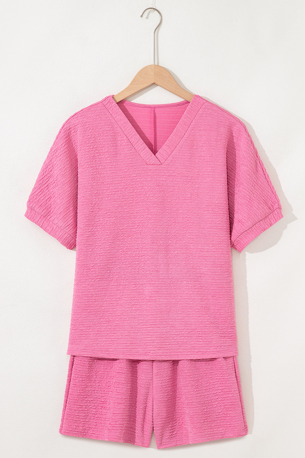 Pink Textured V Neck T Shirt and Shorts Set Short Sets JT's Designer Fashion