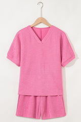 Pink Textured V Neck T Shirt and Shorts Set Short Sets JT's Designer Fashion