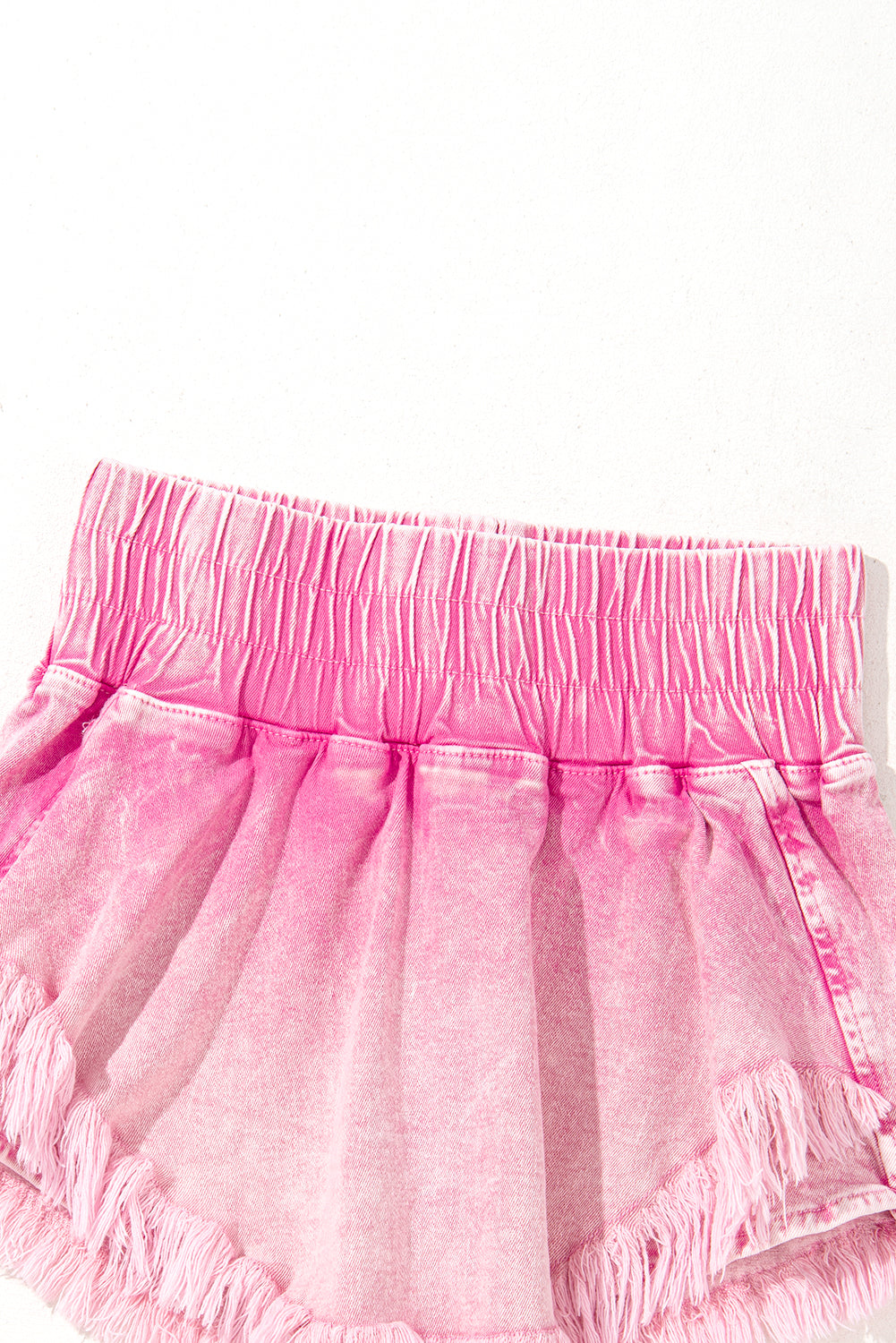 Pink Washed Wide Smocked Waistband Frayed Denim Shorts Denim Shorts JT's Designer Fashion