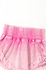 Pink Washed Wide Smocked Waistband Frayed Denim Shorts Denim Shorts JT's Designer Fashion