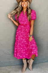 Rose Red Floral Print Pleated Drawstring Flowy Midi Dress Dresses JT's Designer Fashion