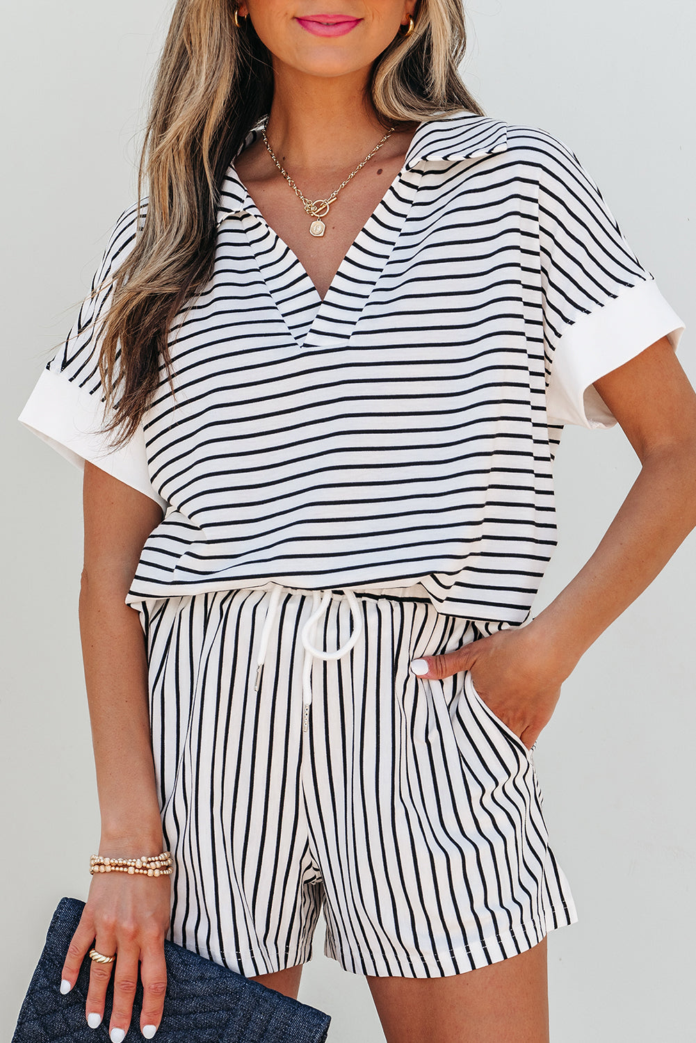 Black Stripe V Neck Tee and Casual Short Set Short Sets JT's Designer Fashion