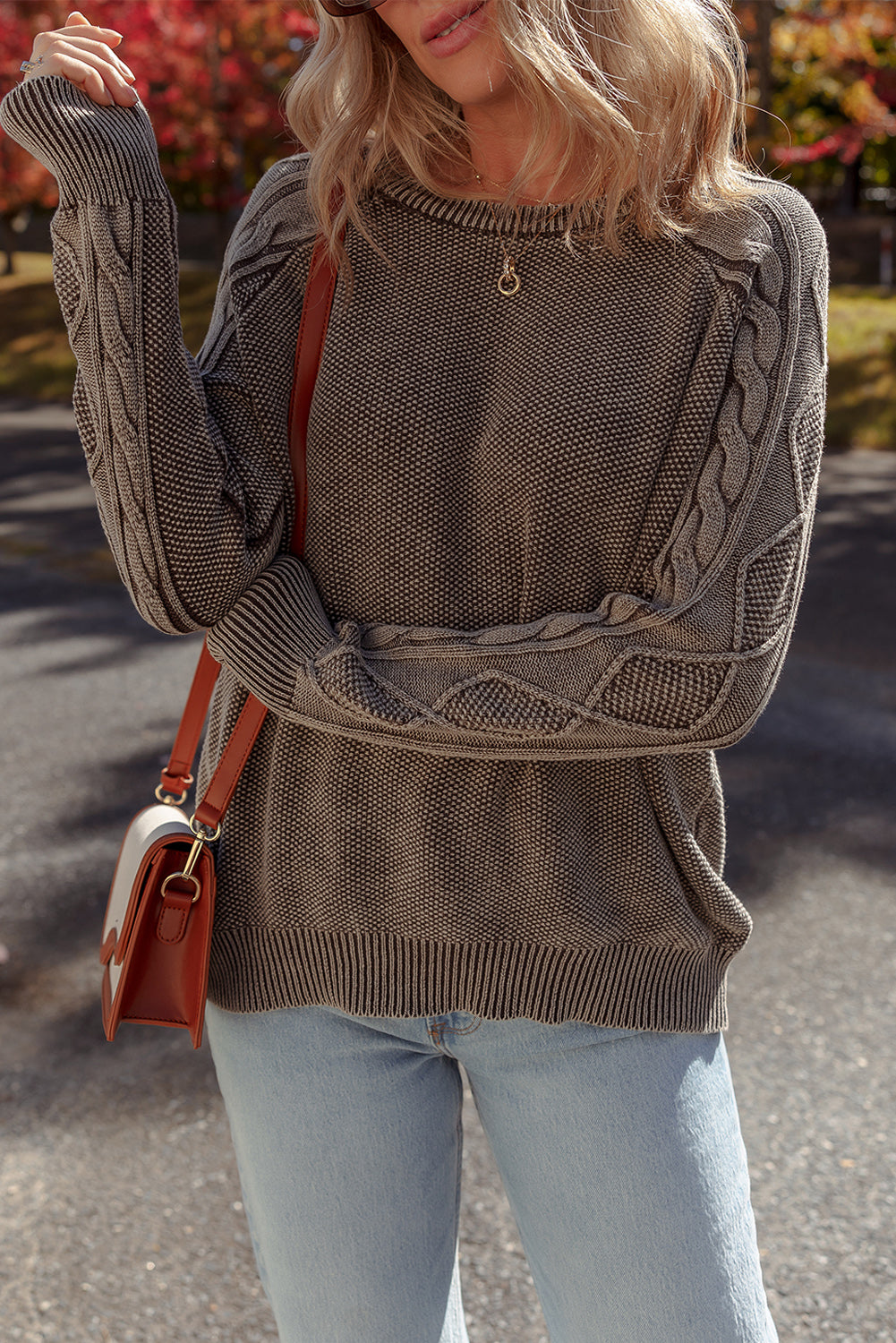 Dark Brown Contrast Cable Knit Sleeve Casual Sweater Sweaters JT's Designer Fashion