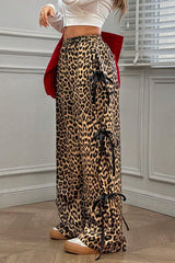 Brown Leopard Print Bow Tie Drawstring Elastic Waist Loose High Waist Pants Pants & Culotte JT's Designer Fashion