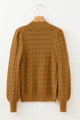 Jurassic Gold Hollow Out Crochet Ribbed Edge Balloon Sleeve Sweater Sweaters JT's Designer Fashion