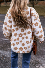 Light French Beige Cute Flower Pattern Button Up Fleece Jacket Jackets JT's Designer Fashion