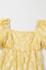 Yellow Boho Flower Jacquard Puff Sleeve Square Neck Mini Dress Floral Dresses JT's Designer Fashion